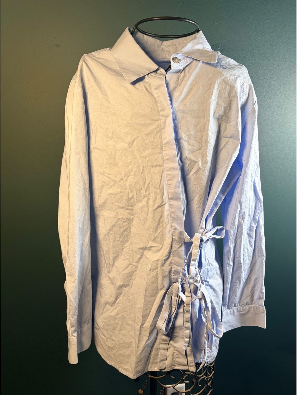Light Blue Asymmetrical Side-Tie Wrap Button-Down Shirt Size Small Made in NY